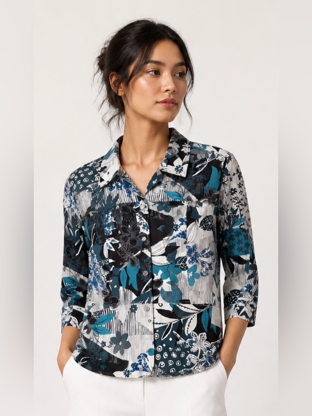 Coldwater Creek Teal, Black & White‎ Floral Patchwork Jacket. Sz 1x